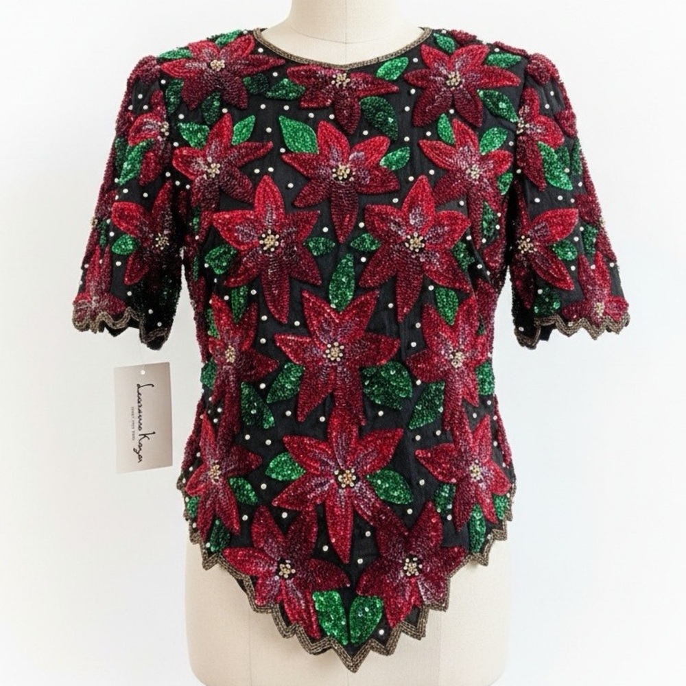 Laurence Kazar Red and Green Sequin Floral Blouse